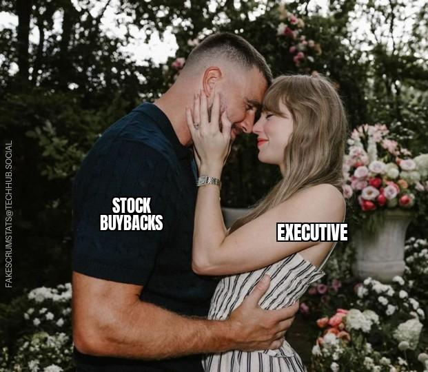 Taylor Swift labeled Executive in an engagement photo embrace with Travis Kelce who is labeled stock buybacks