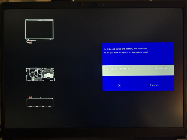 A boot screen showing a message about how there is no battery.