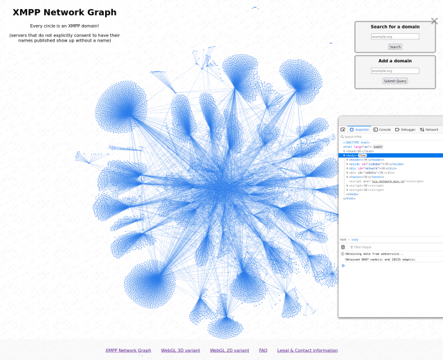 A network graph showing more than 10,000 connections between XMPP domains.
