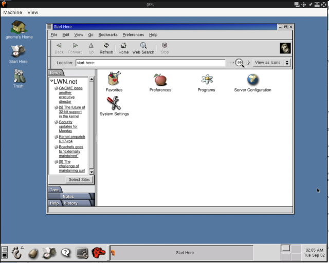 A screenshot of the GNOME 1.4 desktop running in QEMU. There is a 'Start Here' Nautilus (the file manager) window open. The window has a side bar with several tabs to choose from. News is selected and shows:

LWN.net

- GNOME loses another executive director
- [$] The future of 32-bit support in the kernel
- Kernel prepatch 6.17-rc4
- Bcachefs goes to "externally maintained"
- [$] The challenge of maintaining curl