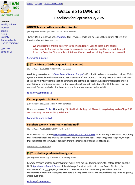 A screenshot of the LWN.net home page taken 02 Sep 2025. The headlines are:

- GNOME loses another executive director
- [$] The future of 32-bit support in the kernel
- Kernel prepatch 6.17-rc4
- Bcachefs goes to "externally maintained"
- [$] The challenge of maintaining curl

These match those shown in the GNOME 1.4 virtual machine.