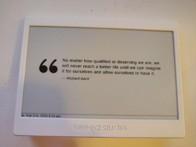 The XIAO 7.5" ePaper Panel displaying a quote on an image rendered by the Open Source Fruitstand project