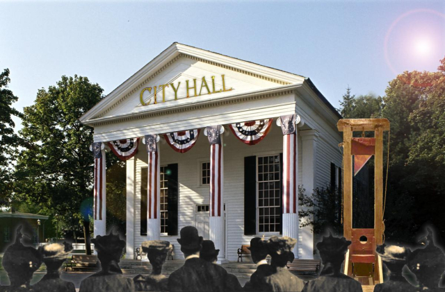 A modest Grecian revival columnated building amidst leafy trees, with gilded letters over the door reading CITY HALL. To one side is a guillotine with a gilded blade. In the foreground are the silhouettes of Victorian onlookers in elaborate hats.

Image:
Onbekend (modified)
https://commons.wikimedia.org/wiki/File:Guillotine_Rijksmuseum_Gevangenpoort.jpg

CC BY-SA 4.0
https://creativecommons.org/licenses/by-sa/4.0/deed.en
