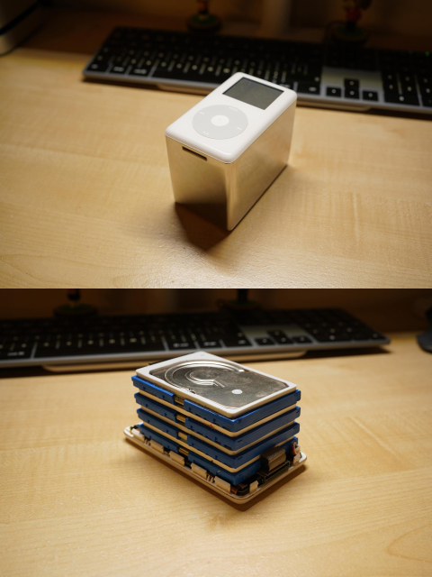Top image: An abnormally thick iPod 4th generation. Bottom image: The iPod disassembled, showing four dual-platted 1.8-inch hard drives stacked on top of each other.