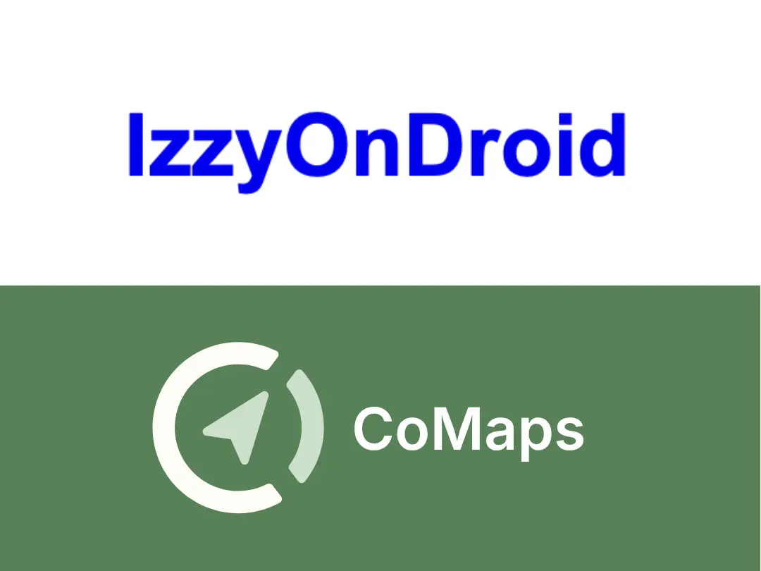 At the top “IzzyOnDroid” in blue, and below the CoMaps logo in olive green.