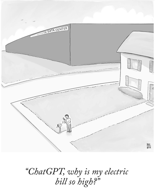 Cartoon, man opening a letter, and asking chatgpt why his electricity bill is so high. In the background, a huge datacenter.
