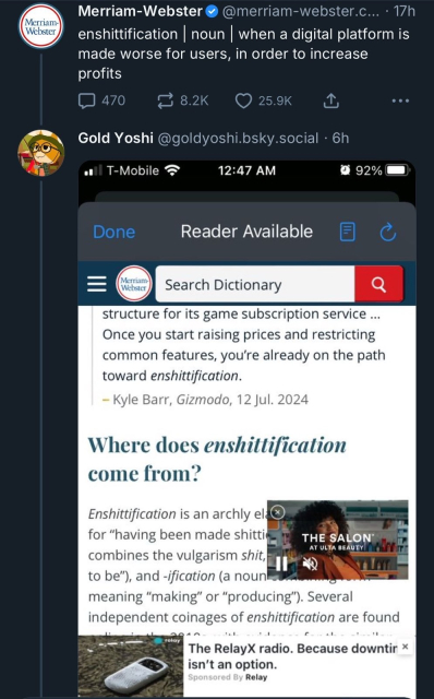 Screenshot showing the Merriam-Webster dictionary posting a definition of enshittification on its social media, and a user responding with a screenshot of the same dictionary's website, with the definition of the word ironically obscured by pop up video advertising.