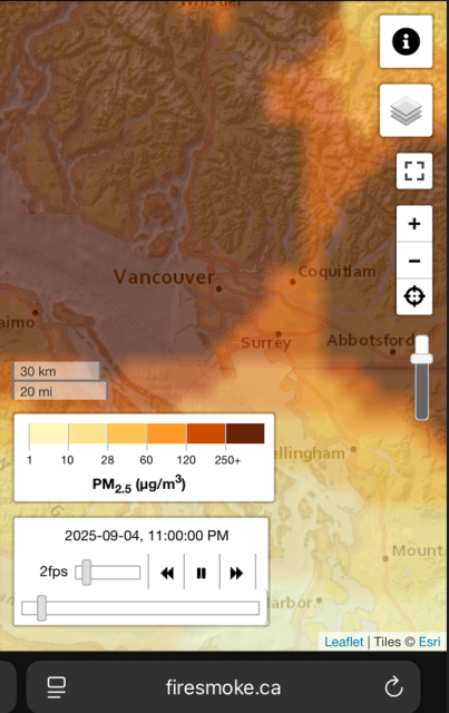 Map of Vancouver region at 11pm last from https://firesmoke.ca/ showing extremely bad air quality