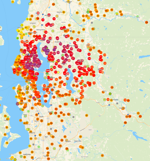 Particulate matter smaller than 2.5µm map of Seattle
