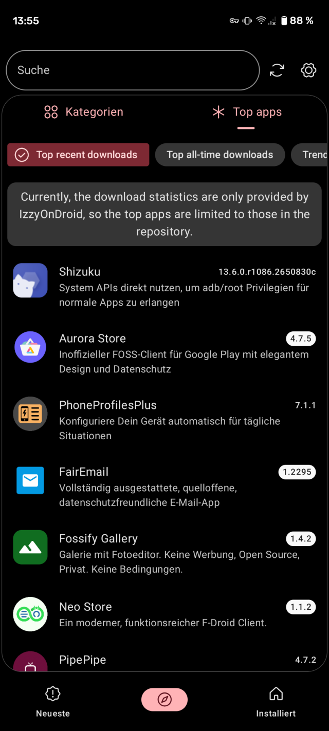 Screenshot from Neo Store, showing apps sorted by download count ("top recent downloads"). With a hint clarifying that currently, only apps from IzzyOnDroid are supported for this view, until other repositories provide compatible download stats as well.