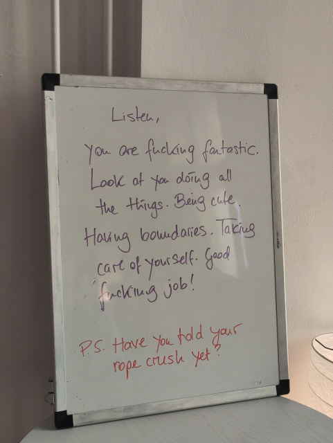 Handwritten sign at Karada House stating:

Listen, you are fucking fantastic. Look at you all doing the things. Being cute. Having boundaries. Taking care of yourself. Good fucking job!
PS: Have you told your rope crush yet?