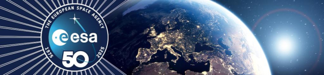 "ESA 50 years" next to a zoomed in Europe as part of an Earth globe. 
