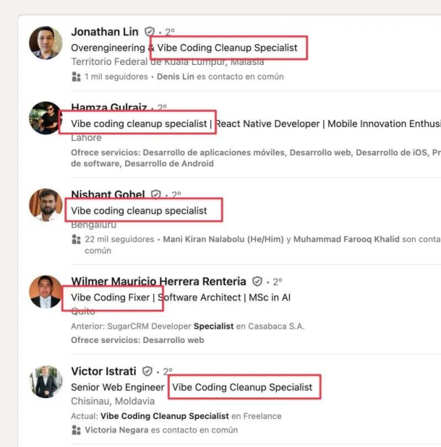 A screenshot of several profiles of developers, all of which have "Vibe Coding Cleanup Specialist" in their job titles, with the text highlighted by red boxes