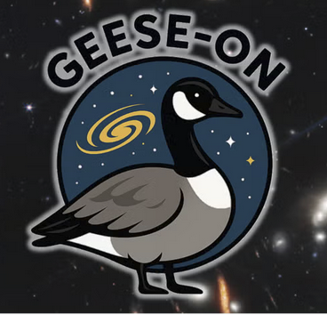 a cartoon canada goose standing in front of a circle of stars with a cartoon galaxy over its shoulder, and the acronym GEESE-ON over the top of the circle