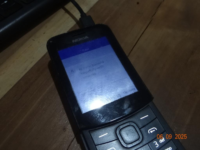 Screenshot of a button with a cable sticking out from the top. On the screen is a chat conversation displaying the message: "hi from banana hopefully with omemo"