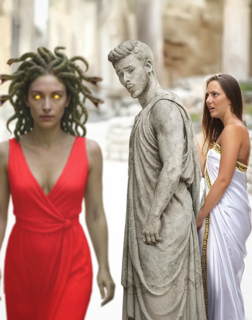 A variation of the "distracted boyfriend" meme.
In this version, everyone is in wearing togas, and the boyfriend has been turned to stone as he looks back at a passing Medusa.