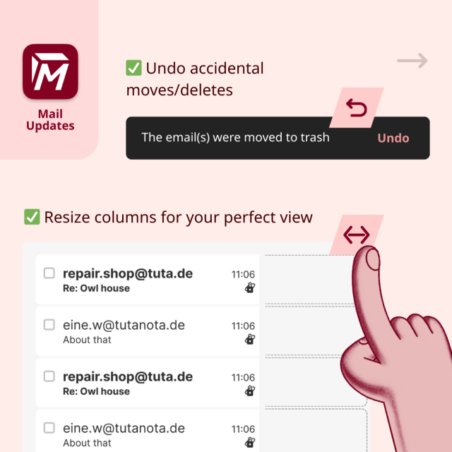 Image showing how to resize columns and how to undo move of an email