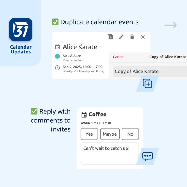 Image showing how to duplicate events and how to reply with comments to an invite
