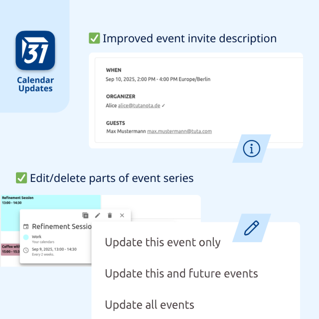 Image showing the improved event invitation and how to edit/delete parts of an event series