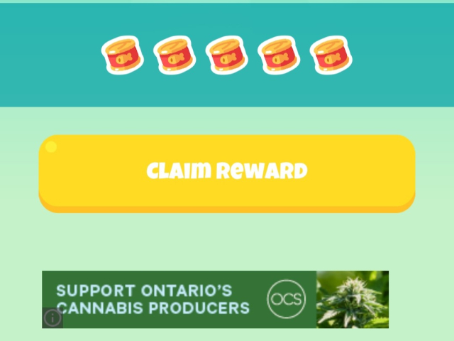 Screenshot from the nonogram solving game Meow Tower. At the bottom is a green banner ad for the Ontario Cannabis Store, with the text "Support Ontario's Cannabis Producers" and a picture of a hemp plant. 