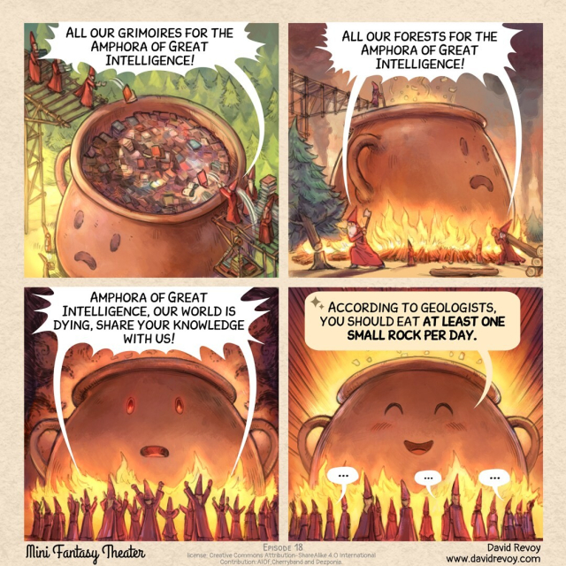 A comic strip in four panels:

1. A bird's-eye view of a giant amphora the size of a building with closed eyes and a closed mouth engraved on it. Using scaffolding, a community of wizards climbed up and are throwing all their books into it, to fill its content.
> Wizards: All our grimoires for the Amphora of Great Intelligence!

2. A ground level view at the bottom of the giant amphora. This time, the wizards bring tree trunks, cut down nearby trees, and throw them into a large fire to boil the giant amphora.  
> Wizards: All our forests for the Amphora of Great Intelligence!

3. A gathering of all the wizards below the imposing amphora which has now opened its glowing eyes and mouth slightly. The crowd of wizards at its feet applauds:  
> Wizards: Amphora of Great Intelligence, our world is dying, share your knowledge with us!

4. Same shot, as the amphora responds with joyful and amused eyes. The wizards are confused by the answer...
> Artificial Intelligence: According to geologists, you should eat at least one small rock per day.
> Wizards: ... ... ...
