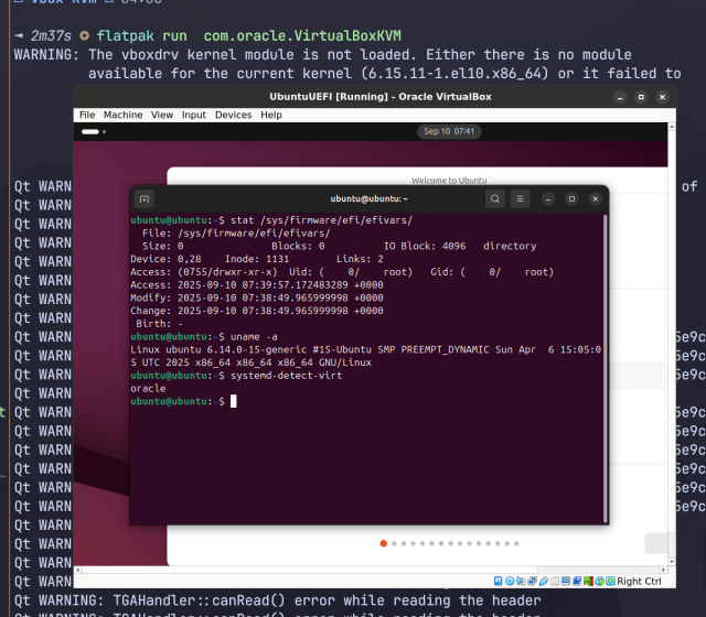 VirtualBox virtualizing an Ubuntu virtual machine with a terminal opening, showing common commands that let you know that the virtualization environment is Oracle VirtualBox
