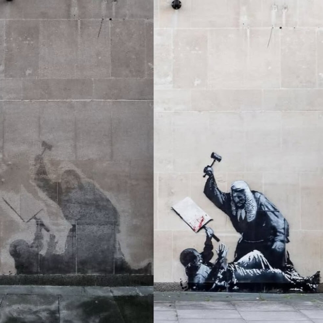 Side-by-side images of Banksy’s mural on the Royal Courts of Justice in London. On the left, the artwork appears faded and scrubbed, leaving only a ghostly outline of a judge raising a gavel over a protester holding a placard. On the right, the mural is fully visible in sharp black and white stencil, showing a judge in a traditional white wig and robes striking down at a protester who defends himself with a bloodied sign. The protester is laying on the ground, unarmed and already bloodied; the only color is the red on the sign and on the ground, below the protester's head, implying they're bleeding from a head injury.