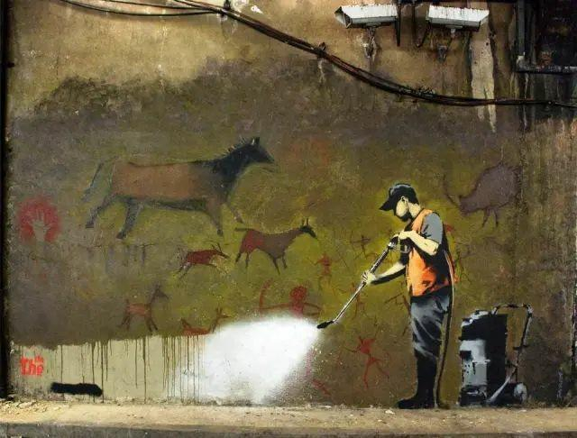 The original poster did not indicate the origin of this image. To my eye, it looks like a new Banksy - it shows a workman removing the Lascaux cave paintings with a pressure-washer.