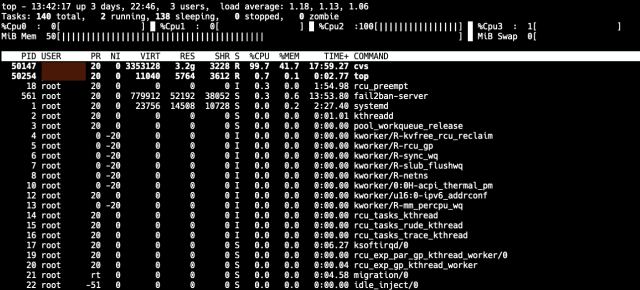 cvs process pegged to 100% CPU time.
