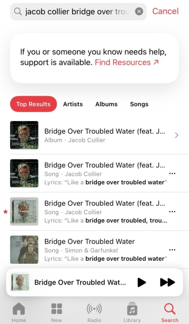 Searching for “jacob collier bridge over troubled water”, the search results begin with a banner: “If you or someone you know needs help, support is available. Find Resources”.