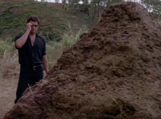 A man in a black shirt and pants taking off his sunglasses and looking at a pile of faeces taller than he is.
