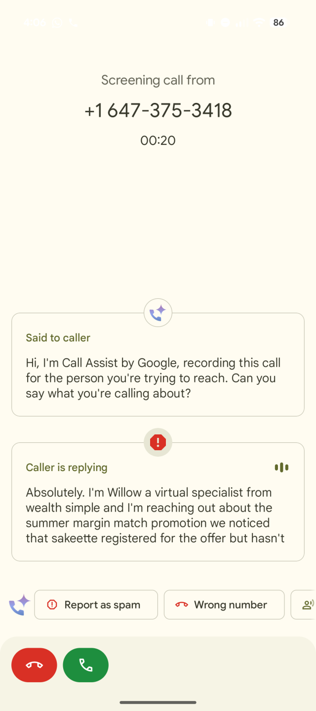 Phone screen showing Google Call Assist answering a phone call. The assistant asks why they're calling. The caller, an AI "virtual specialist", replies about a promotion. 