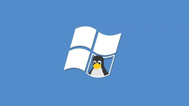 A Windows logo, with a Tux penguin logo peeking out from one of the small panes of the four windows.