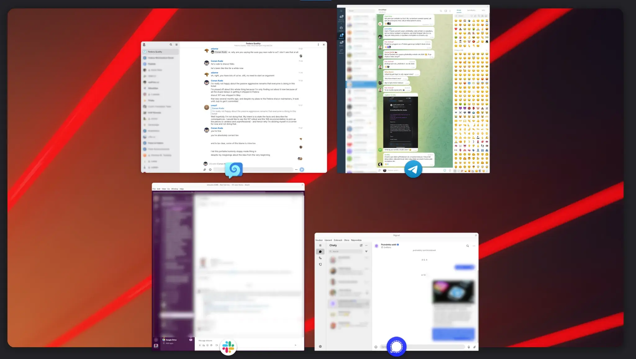 A screenshot of the Activities overview in GNOME with 4 windows opened: Fractal, Telegram, Slack, Signal.