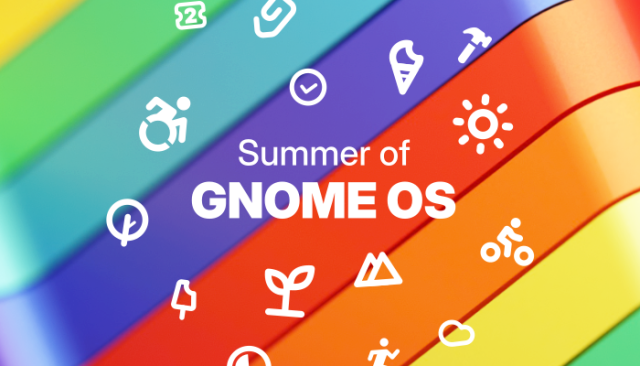 Sharepic with a rainbow background. In the foreground there's the centered text "Summer of GNOME OS", surrounded by a cloud of summer-related symbolic icons.