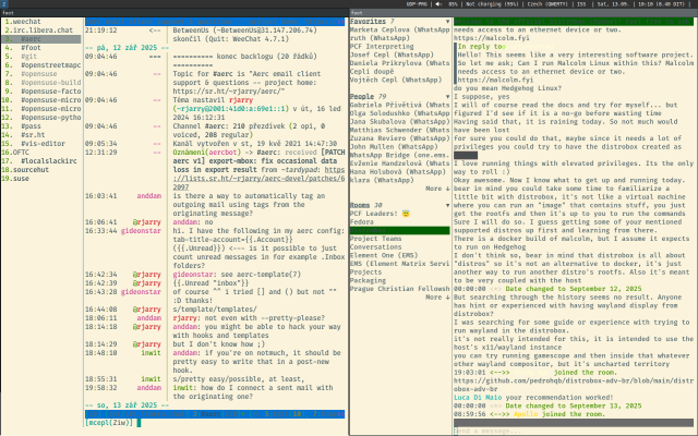 monitor filled with two text chat applications, WeeChat and Gomuks.