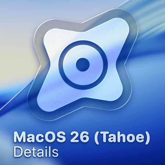 A Liquid Glass style Rogue Amoeba logo, with the text “MacOS 26 (Tahoe) details”
