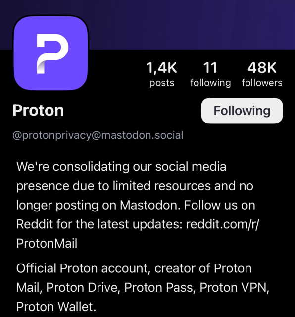 Screenshot of protons mastodon profile bio which stated they are no longer using the account and that we can find them on Reddit 