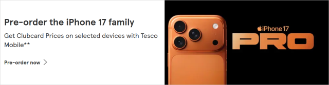 A screenshot from the Tesco groceries website telling me I can Pre-order the iPhone 17 family and Get Clubcard Prices on selected devices with Tesco Mobile