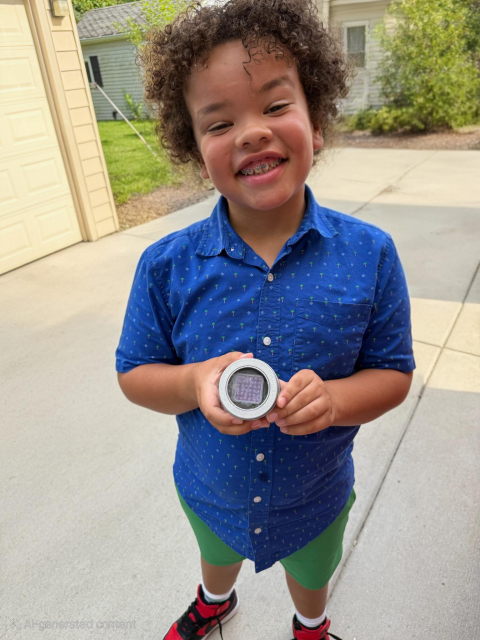 A kid's showing off what he got for his birthday with 2 cars in a person removed from behind them.