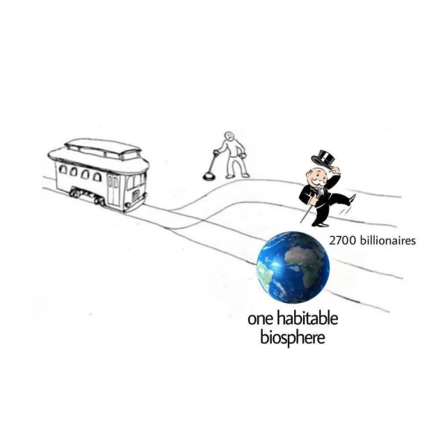 Cartoon of the trolley problem. The trolley heads toward Earth labeled "one habitable biosphere" while a wealthy figure stands on a track labeled "2700 billionaires," creating moral conflict.