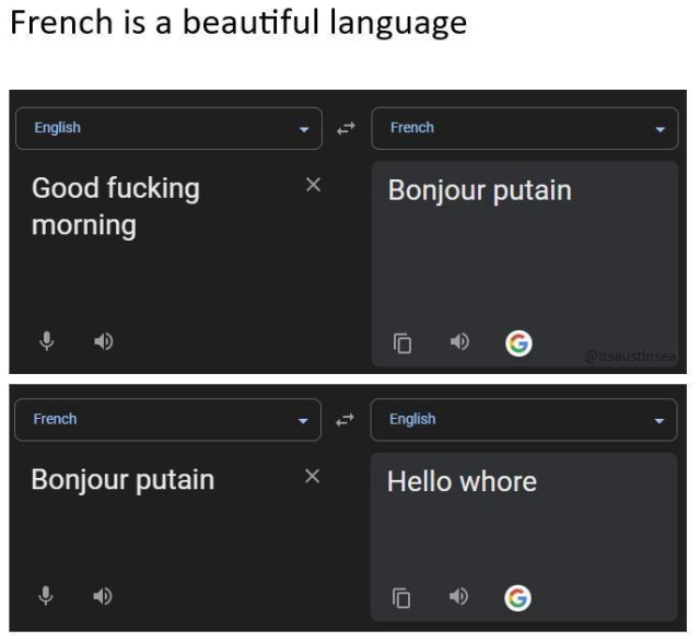 A meme with the title "French is a beautiful language." The image shows two screenshots of Google Translate. In the first screenshot, the English phrase "Good fucking morning" is translated into French as "Bonjour putain." In the second screenshot, the French phrase "Bonjour putain" is translated back into English as "Hello whore."