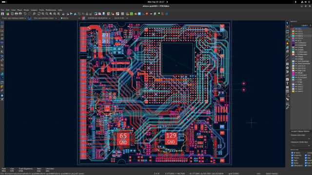 it's the qualcomm qcs6490/qcs8550/sm8750 processor module for mnt reform series, work in progress, in kicad pcb editor. 283 connections left to route.