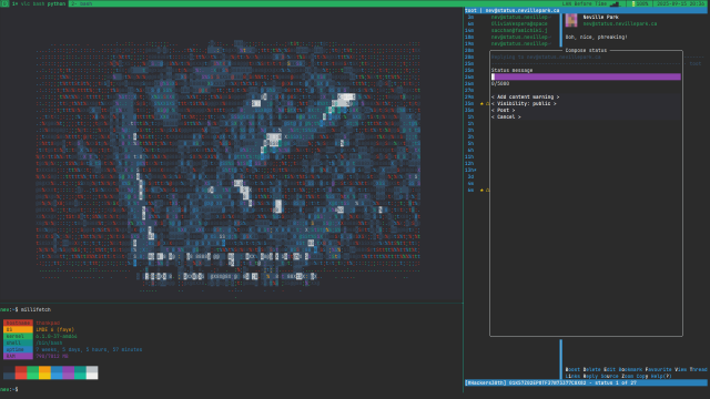The tmux terminal multiplexer including the "Hackers" stream playing with VLC's colour ASCII output (caca), a crude custom screenfetch-like script showing basic system stats, and the toot tui open to the #Hackers30th hashtag timeline.