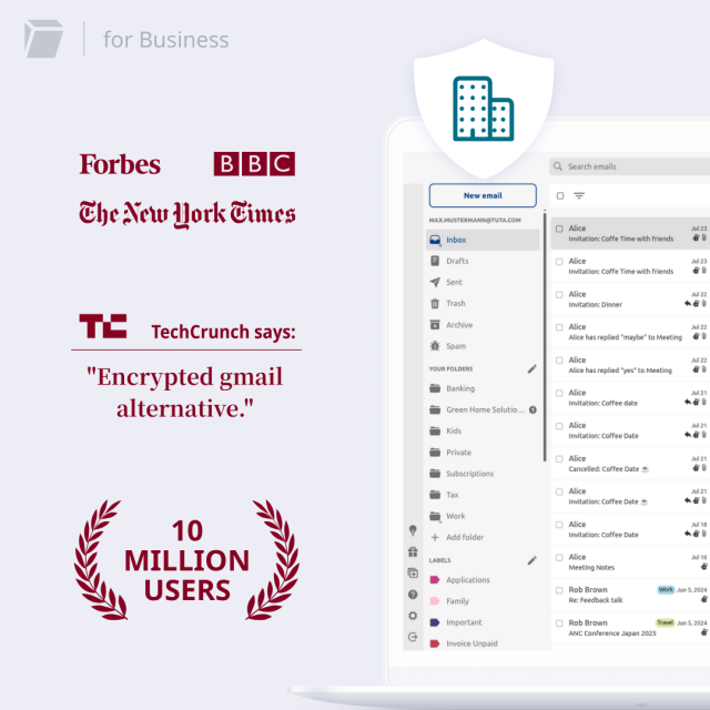 Tuta Mail for business. As featured by Forbes, BBC, and The New York Times. TechCrunch says, "Encrypted Gmail alternative" 
