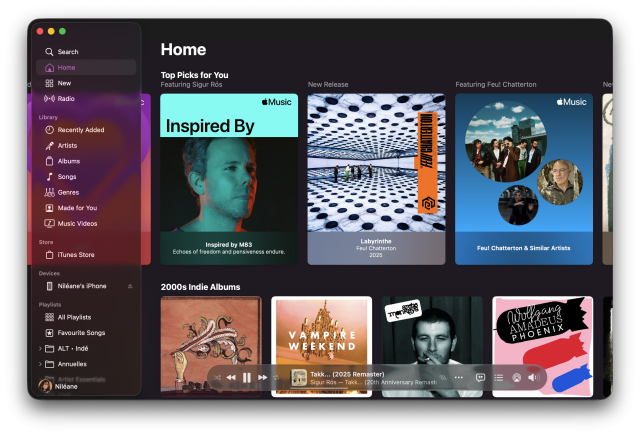 Screenshot of Apple Music in macOS 26 Tahoe.
The Liquid Glass playback toolbar is hardly legible overlaid over the content (album artworks)