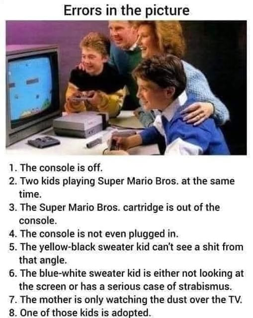The stock photo that was printed onto the box of the original Nintendo NES Control deck in the top part, and a list of 10 things looking more or less obviously wrong in that picture below, that you may or may not have noticed before (but in case you were ADHD like me, most likely you have). Some of them humorous.