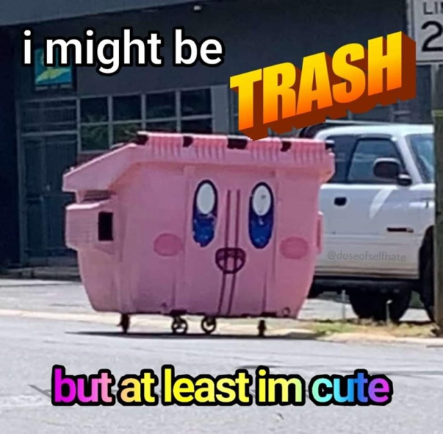 a big dumpster on the side of a road, painted to be pink and have kirby's face on it

there's wordart around it in various fonts and colours that reads "i might be TRASH but at least im cute"