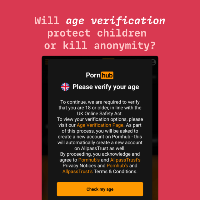 Will age verification protect children or kill anonymity? Screenshot of an age verification banner on PornHub asking user to verify age. 