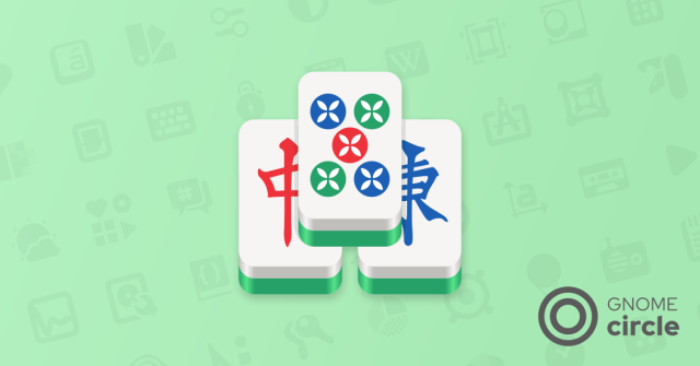 Sharepic with the Mahjongg app icon on green background and the GNOME Circle logo in the bottom right. The app icon consists of three Mahjongg tiles with different symbols on them, stacked in a pyramid shape.